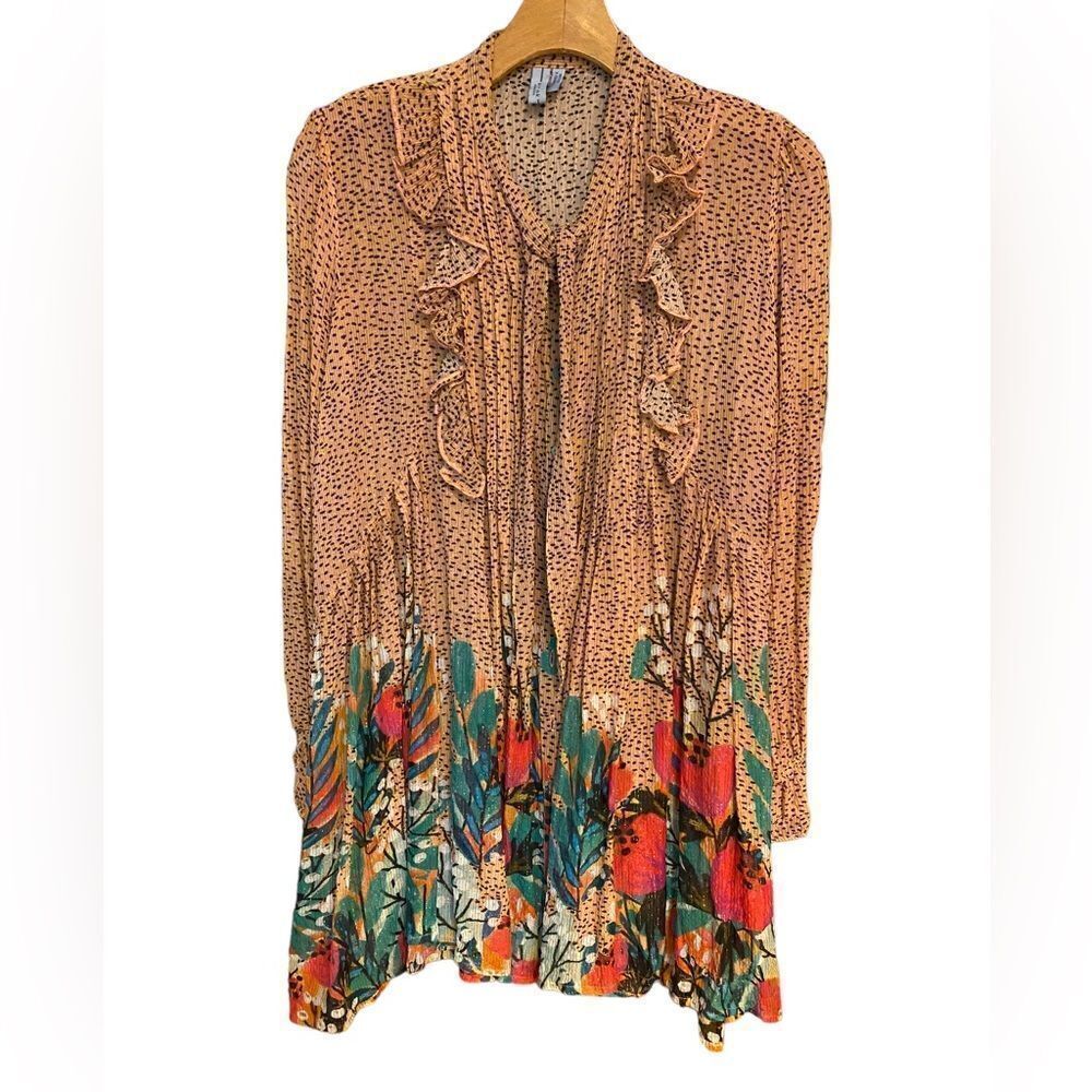 Anthropologie Blank XSP Autumn Floral Hem Semi-Sheer Boho Long Sleeve Shirtdress